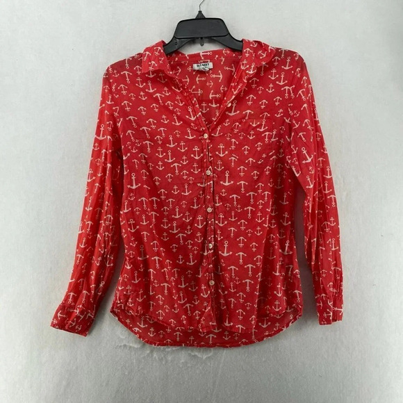 Old Navy Button-Up Shirt Women's Sz XS Red Anchor Print Collared Long Sleeves - Picture 1 of 11